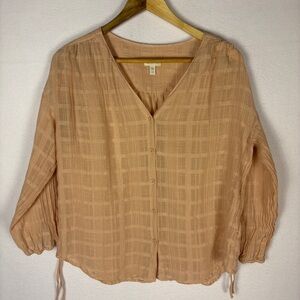 Garnet Hill Pink Gauzy V-Neck Blouse Cottagecore Prairie